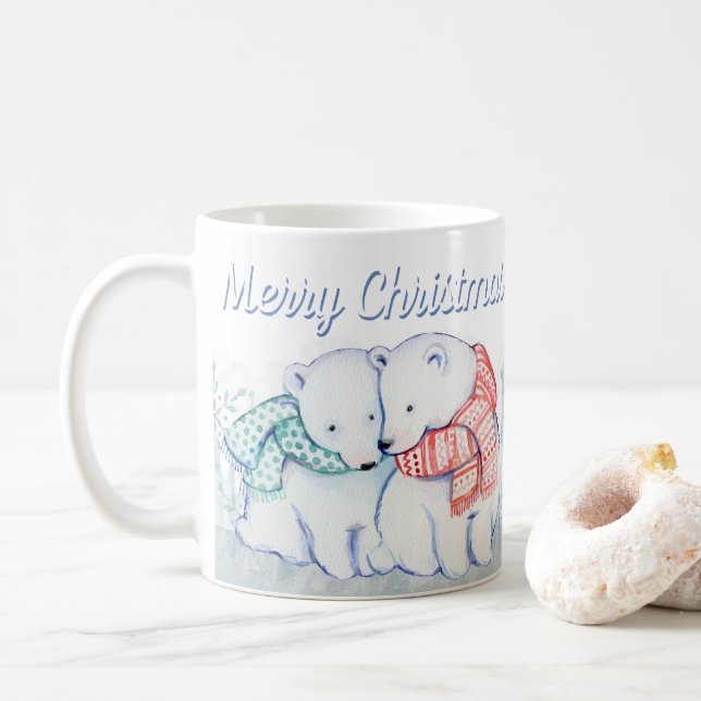 Cute Watercolor Polar Bears Merry Christmas Coffee Mug (With Donut)