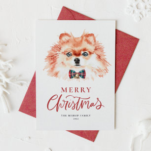 Cute Watercolor Pomeranian Dog Merry Christmas Holiday Card