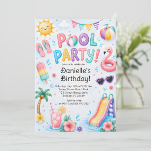 Cute Watercolor Pool Party Birthday  Invitation