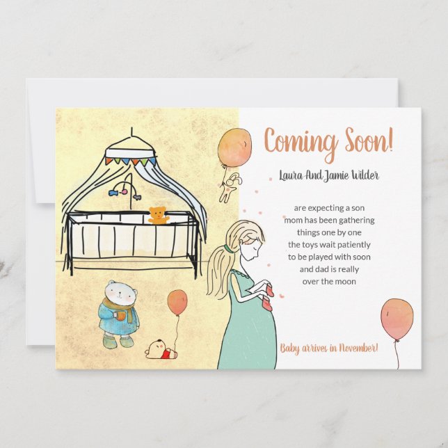 Cute Watercolor Pregnancy Baby Boy Announcement (Front)