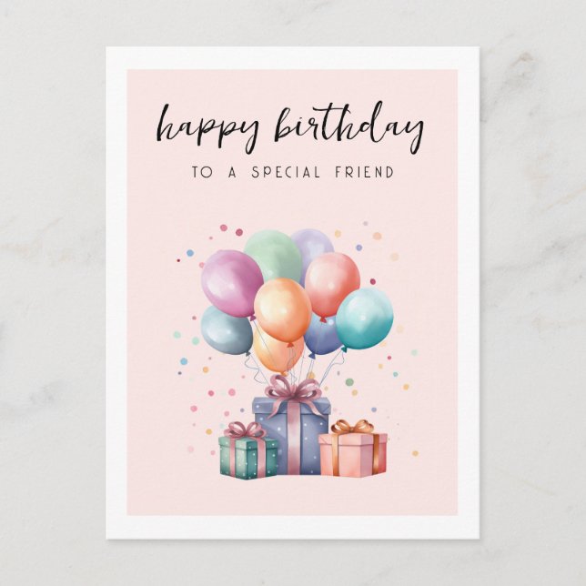 Cute Watercolor Presents Balloons Friend Birthday  Postcard (Front)
