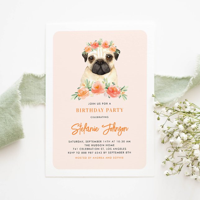 Cute Watercolor Pug Peach Floral Kids Birthday Invitation (Creator Uploaded)