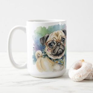 Cute Watercolor Pug with Glasses Coffee Mug