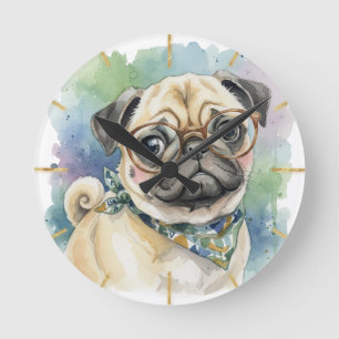 Cute Watercolor Pug with Glasses Round Clock