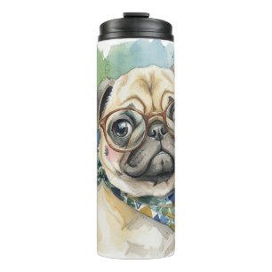 Cute Watercolor Pug with Glasses Thermal Tumbler