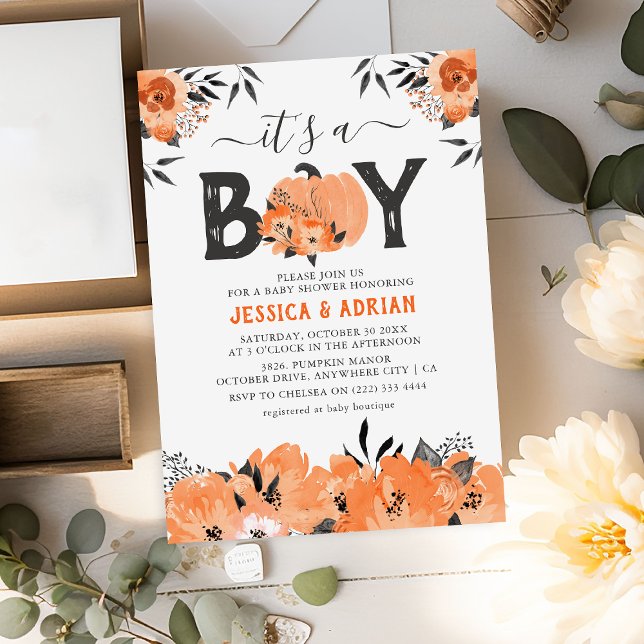 Cute Watercolor Pumpkin 'It's a Boy' Baby Shower Invitation (Creator Uploaded)