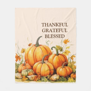 Cute Watercolor Pumpkin Thankful Grateful Blessed Fleece Blanket