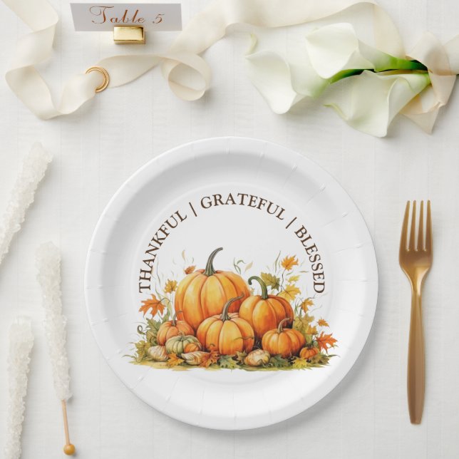 Cute Watercolor Pumpkins Thankful Grateful Blessed Paper Plate (Wedding)