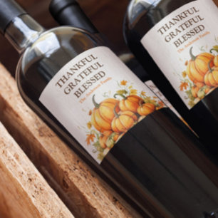 Cute Watercolor Pumpkins Thankful Grateful Blessed Wine Label