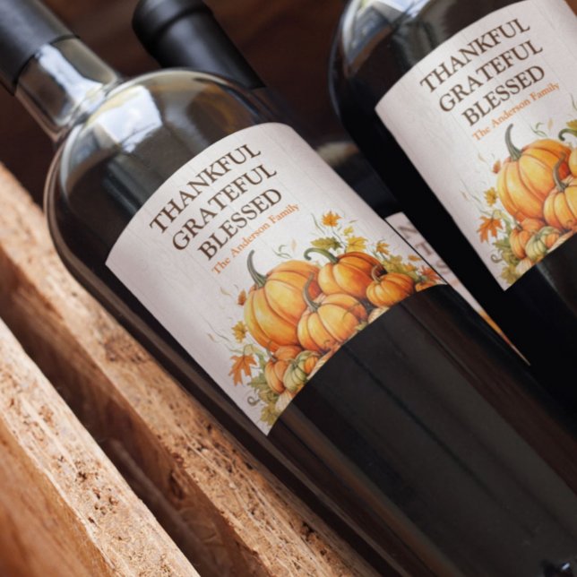Cute Watercolor Pumpkins Thankful Grateful Blessed Wine Label (Creator Uploaded)