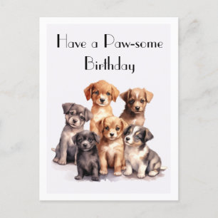Cute Watercolor Puppies Happy Birthday Paw-some Postcard