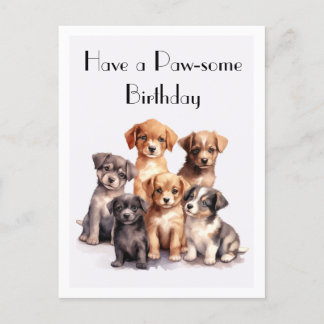 Cute Watercolor Puppies Happy Birthday Paw-some Postcard
