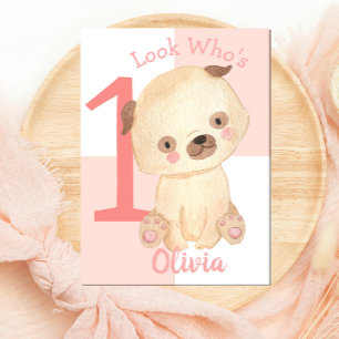 Cute Watercolor Puppy Custom Name 1st Birthday  Ca Card