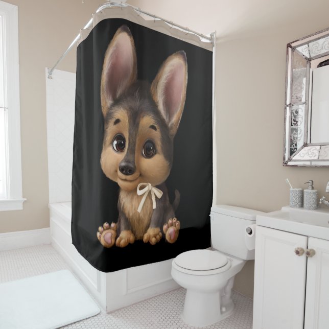 Cute Watercolor Puppy Dog Black Tan Shower Curtain (In Situ)