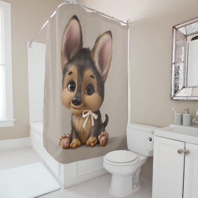 Cute Watercolor Puppy Dog Tan Shower Curtain (In Situ)