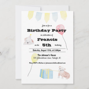 Cute Watercolor Puppy Themed Children's Birthday Invitation