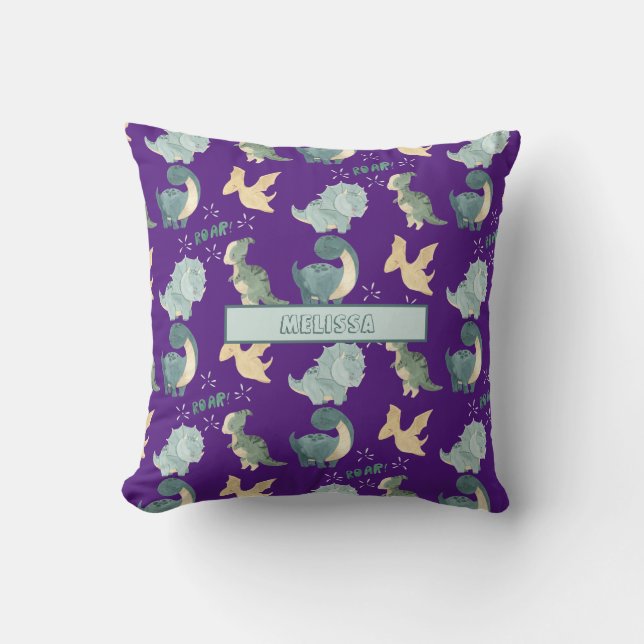 Cute Watercolor Purple Dinosaur Pattern Cushion (Front)