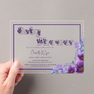 Cute Watercolor Purple Flower Baby Shower Acrylic Invitations