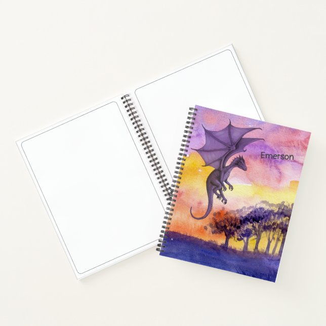 Cute Watercolor Purple Magical Flying Dragon Notebook (Inside)