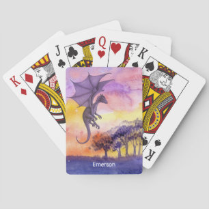Cute Watercolor Purple Magical Flying Dragon Playing Cards