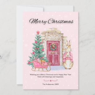 Cute Watercolor Rabbit Merry Christmas Tree Holiday Card