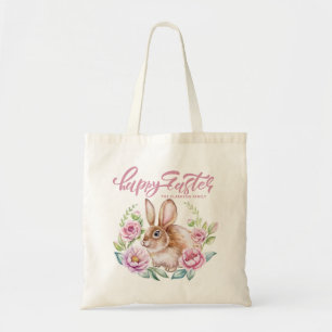 Cute Watercolor Rabbit Pink Floral Wreath Easter Tote Bag