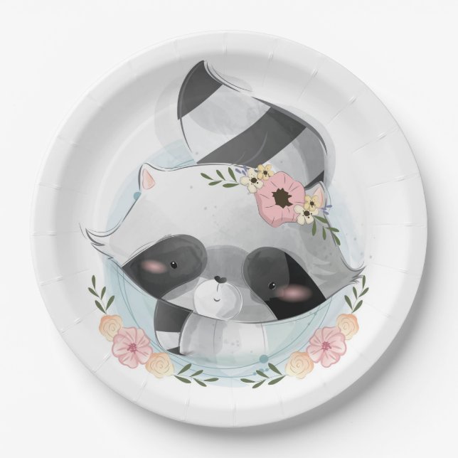 Cute Watercolor Racoon Baby Shower Paper Plate (Front)
