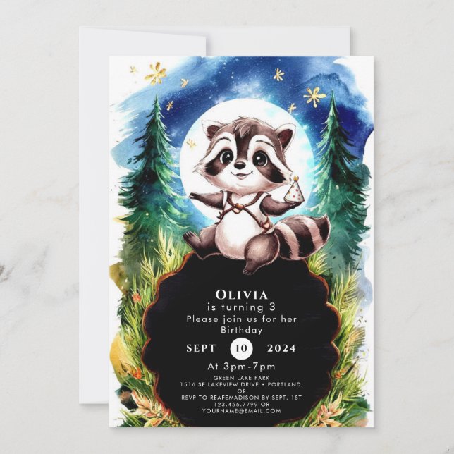 Cute Watercolor Racoon Birthday Invitation (Front)