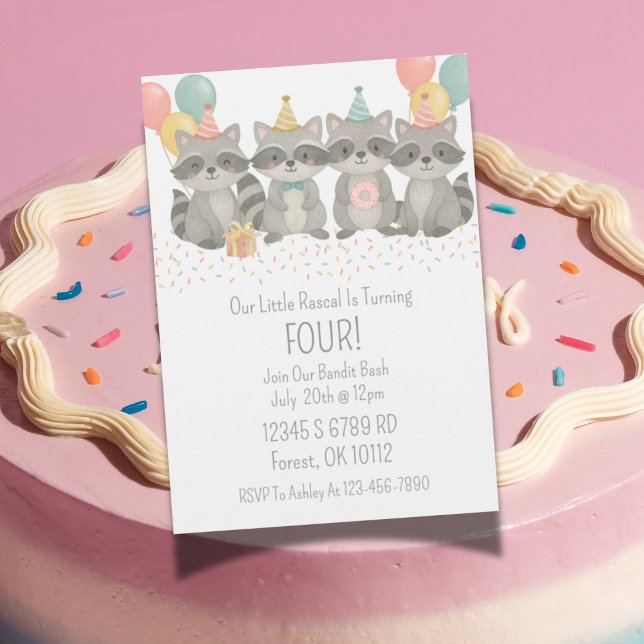 Cute Watercolor Racoon Birthday Invitation  (Woodland raccoon birthday invitation design with cute watercolor birthday accents)