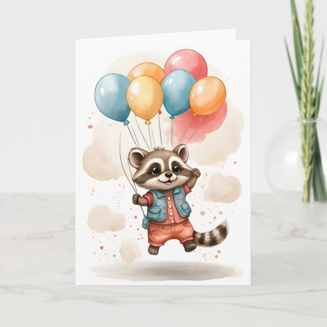 Cute Watercolor Racoon Jacket Balloons Blank Card (Front)