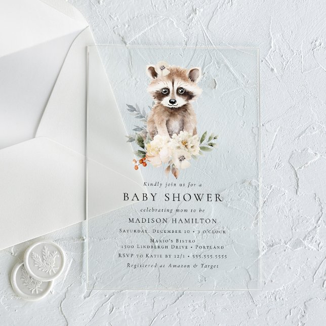 Cute Watercolor Racoon Winter Baby Shower Acrylic Invitations (Creator Uploaded)