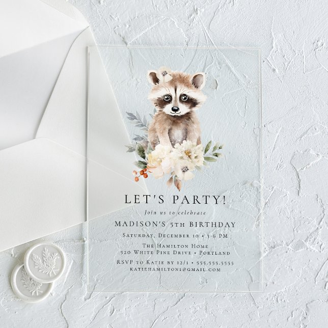 Cute Watercolor Racoon Winter Birthday Party Acrylic Invitations (Creator Uploaded)