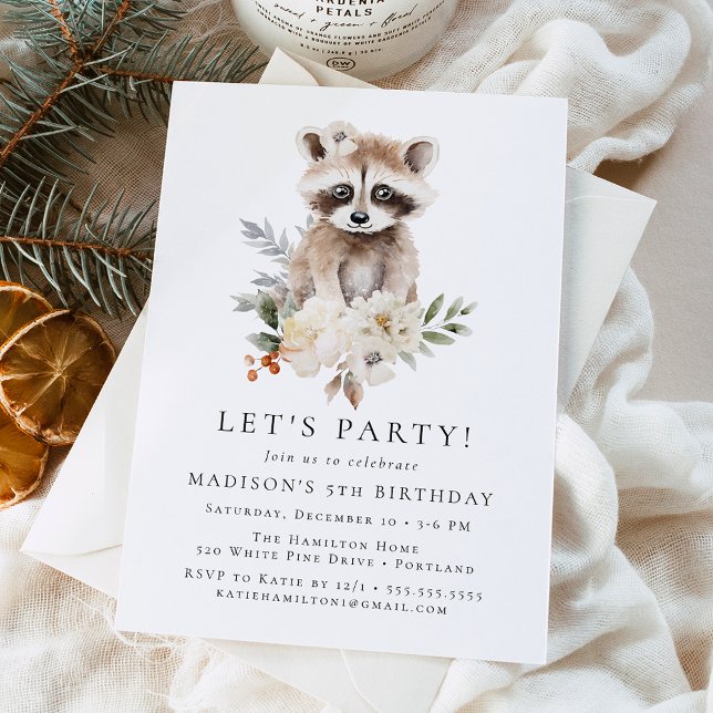 Cute Watercolor Racoon Winter Birthday Party Invitation (Creator Uploaded)