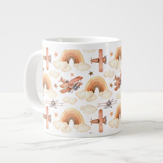Cute Watercolor Rainbow Aeroplane Pattern Large Coffee Mug (Front Left)