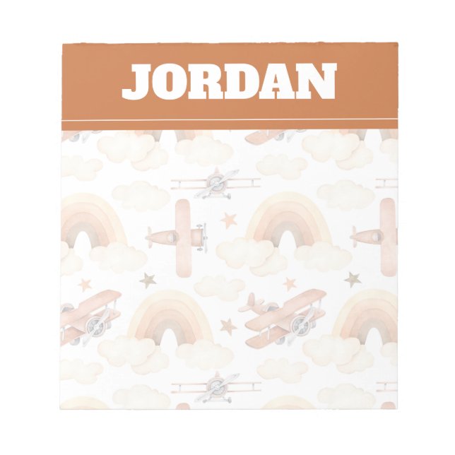 Cute Watercolor Rainbow Aeroplane Pattern Notepad (Front)