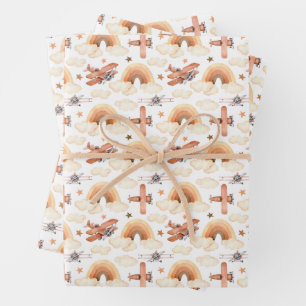 Cute Watercolor Rainbow Aeroplane Pattern Wrapping Paper Sheet