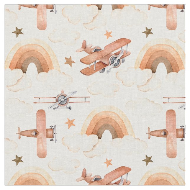 Cute Watercolor Rainbow Airplane Pattern Fabric (Close Up)