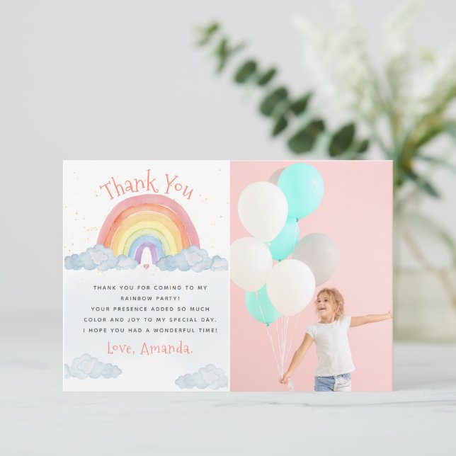 Cute Watercolor Rainbow Birthday Party Photo Thank You Card (Standing Front)
