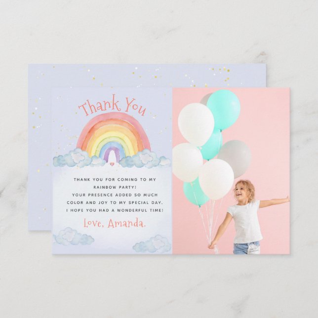 Cute Watercolor Rainbow Birthday Party Photo Thank You Card (Front/Back)
