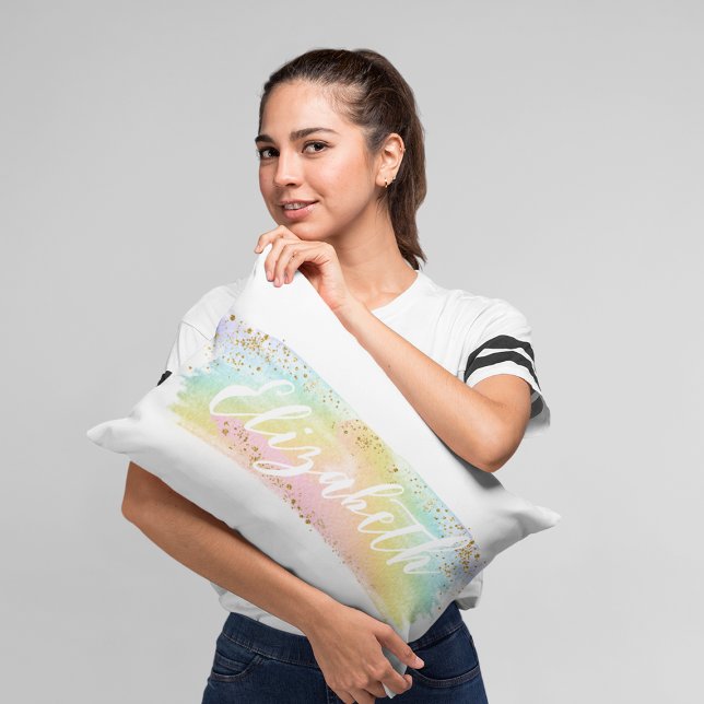 Cute Watercolor Rainbow Custom Name Lumbar Cushion (Creator Uploaded)