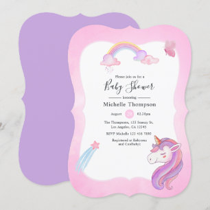Cute Watercolor Rainbow Unicorn Baby Girl Shower Invitation