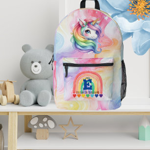 Cute Watercolor Rainbow Unicorn Monogram Name  Printed Backpack