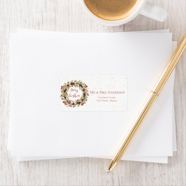 Cute Watercolor Red Berries Wreath Merry Christmas Label (Insitu)