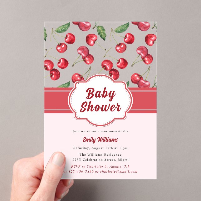 Cute Watercolor Red Cherry Baby Shower Acrylic Invitations (Insitu (Handheld))