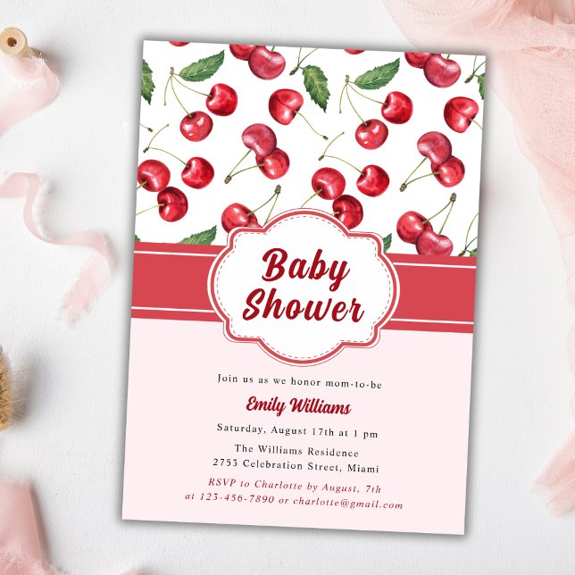 Cute Watercolor Red Cherry Baby Shower Invitation (Creator Uploaded)