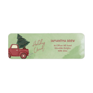 Cute Watercolor Red Farm Truck Christmas Tree Return Address Label
