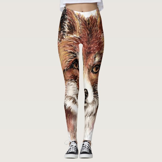 Cute Watercolor Red Fox Animal Head Pattern Leggings (Front)