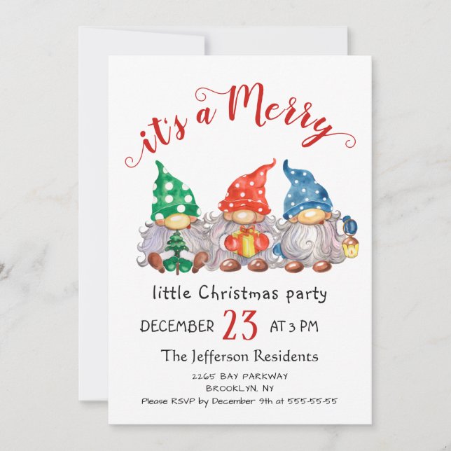 Cute Watercolor Red Gnomes Little Christmas Party Invitation (Front)