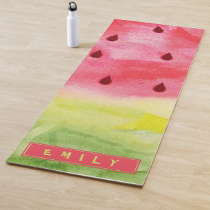 Cute Watercolor Red Green Watermelon Name Yoga Mat