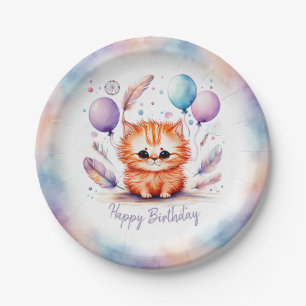 Cute Watercolor Red Kitten Balloons Birthday  Paper Plate